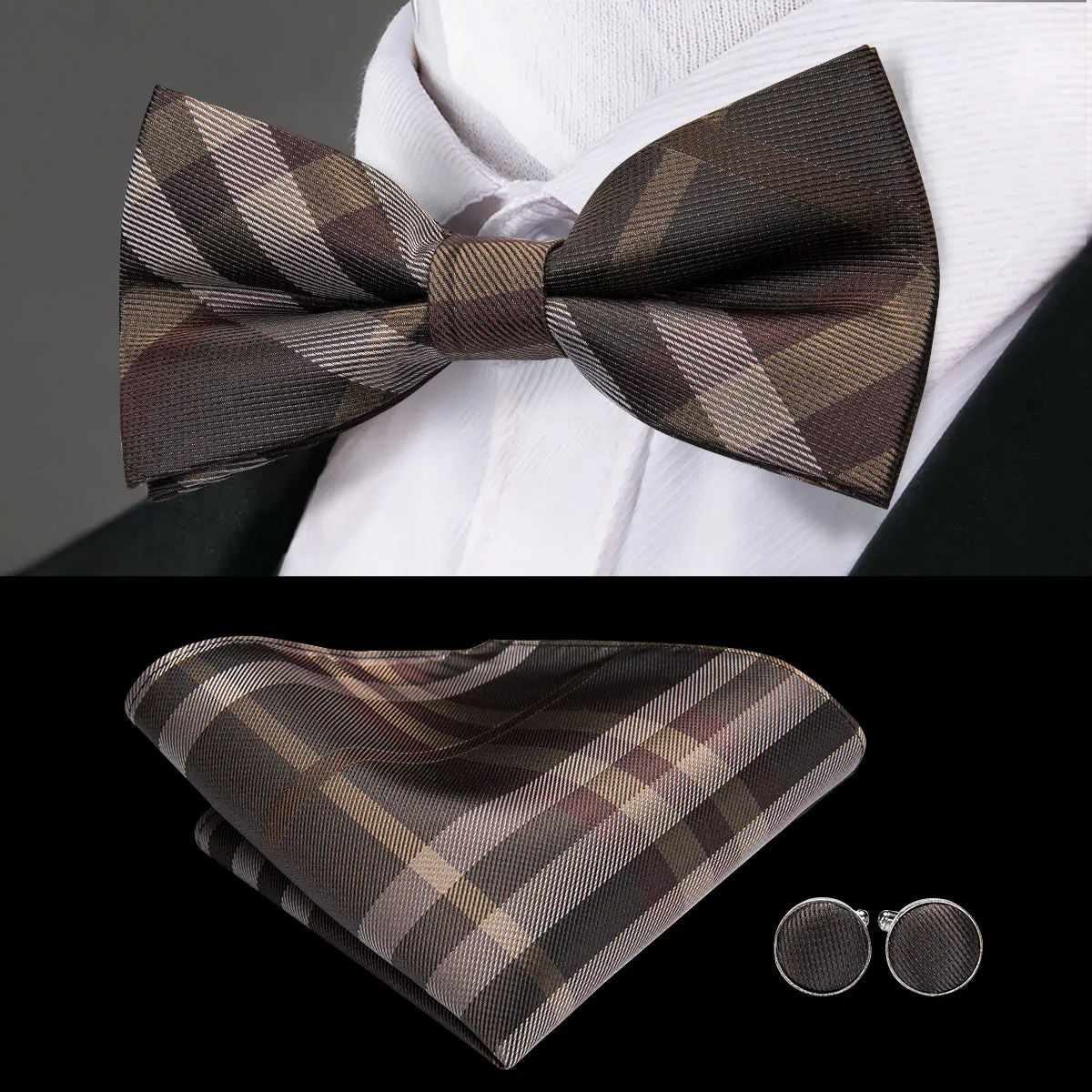 Brown Plaid Pre-tied Bow Tie Hanky Cufflinks Set sold by Ties2You