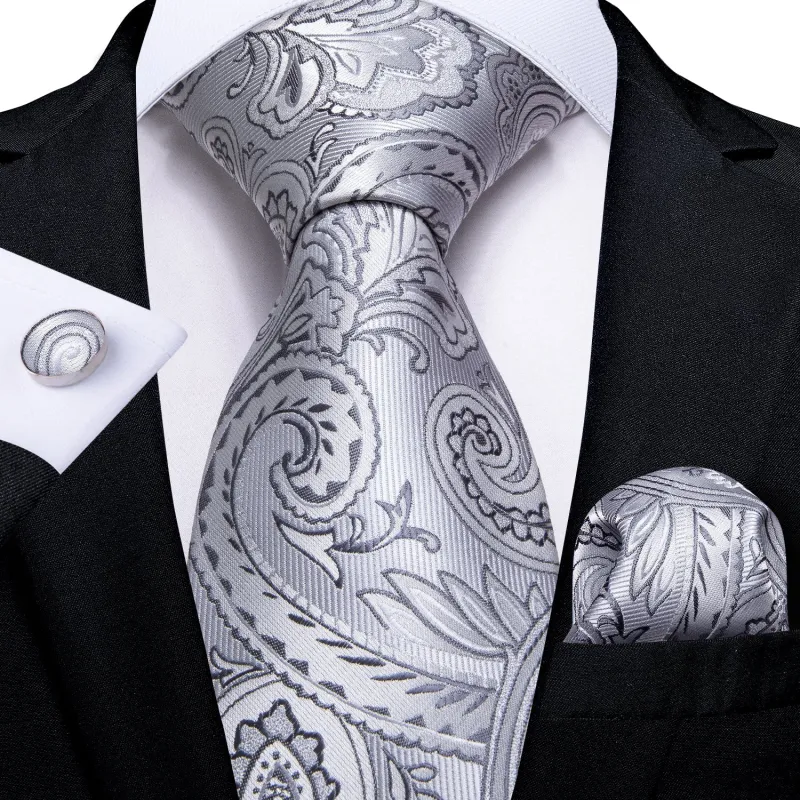 Silver Grey Paisley Men's Necktie Pocket Square Cufflinks Set 8cm sold by Ties2You
