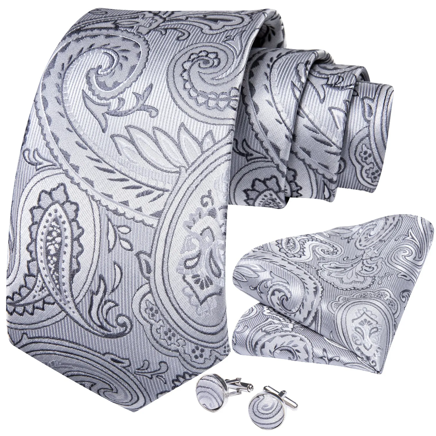Silver Grey Paisley Men's Necktie Pocket Square Cufflinks Set 8cm sold by Ties2You product image thumbnail 2