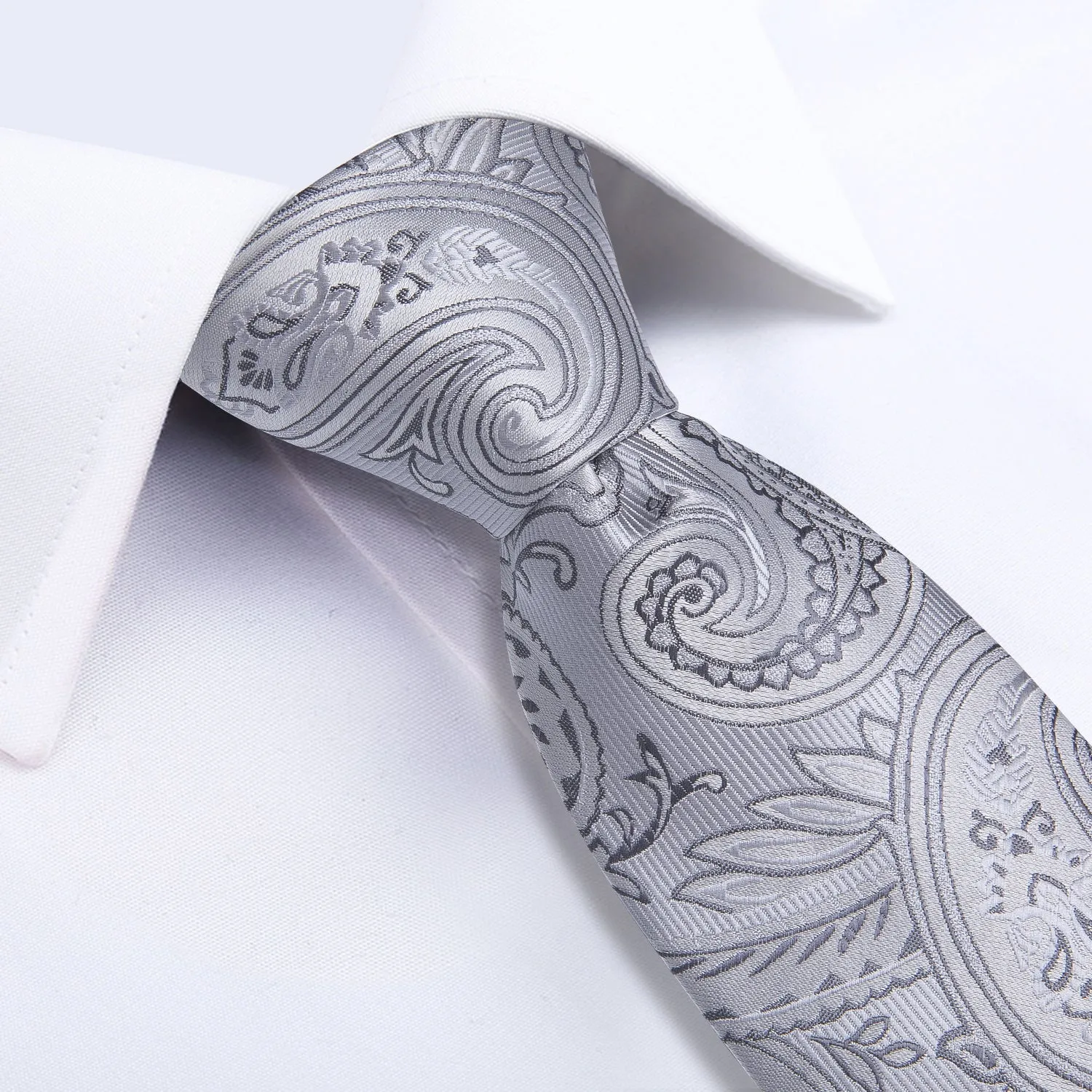 Silver Grey Paisley Men's Necktie Pocket Square Cufflinks Set 8cm sold by Ties2You product image thumbnail 4