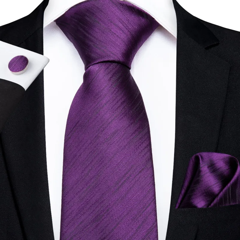 Purple Striped Men's Necktie Pocket Square Cufflinks Set 8cm made by Ties2You