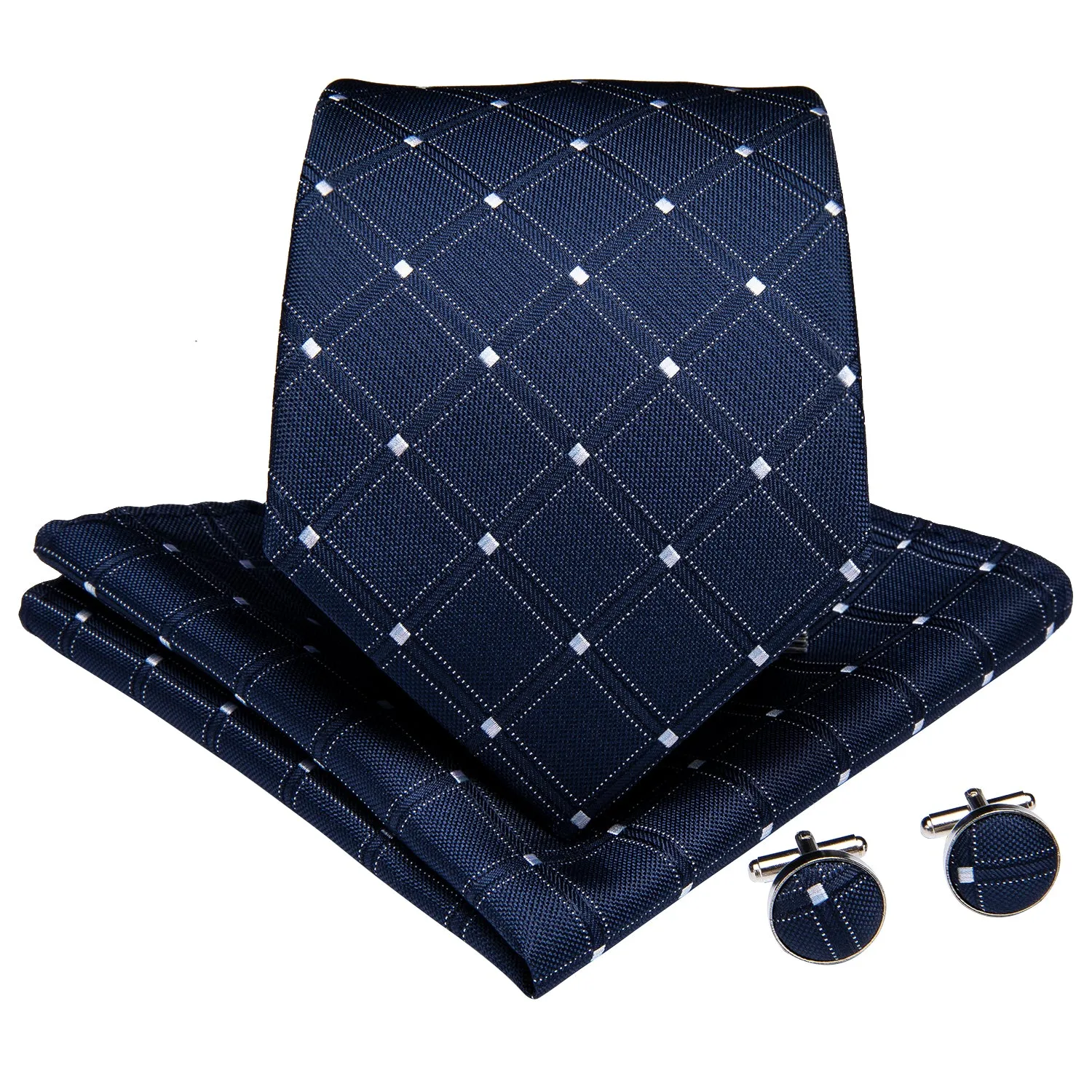 Navy Blue Plaid Men's Necktie Pocket Square Cufflinks Set 8cm sold by Ties2You product image thumbnail 2