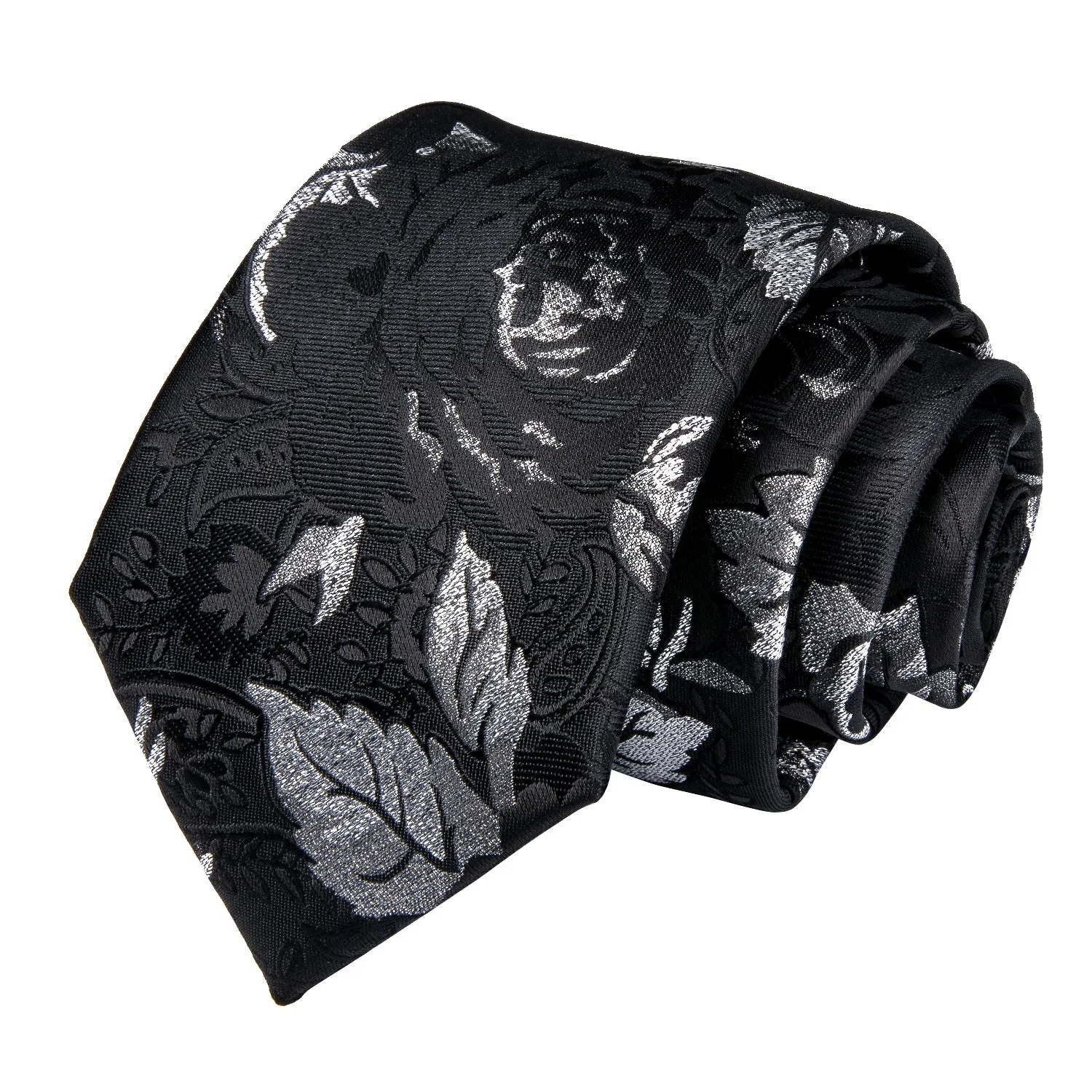Black Silver White Floral Men's Necktie Pocket Square Cufflinks Set 8cm sold by Ties2You product image thumbnail 3
