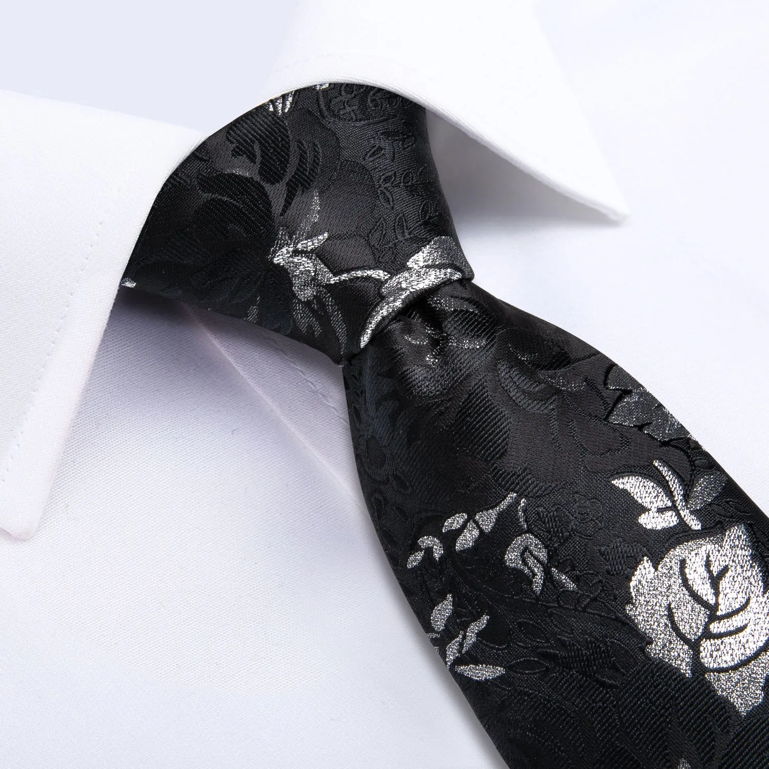 Black Silver White Floral Men's Necktie Pocket Square Cufflinks Set 8cm sold by Ties2You product image thumbnail 4