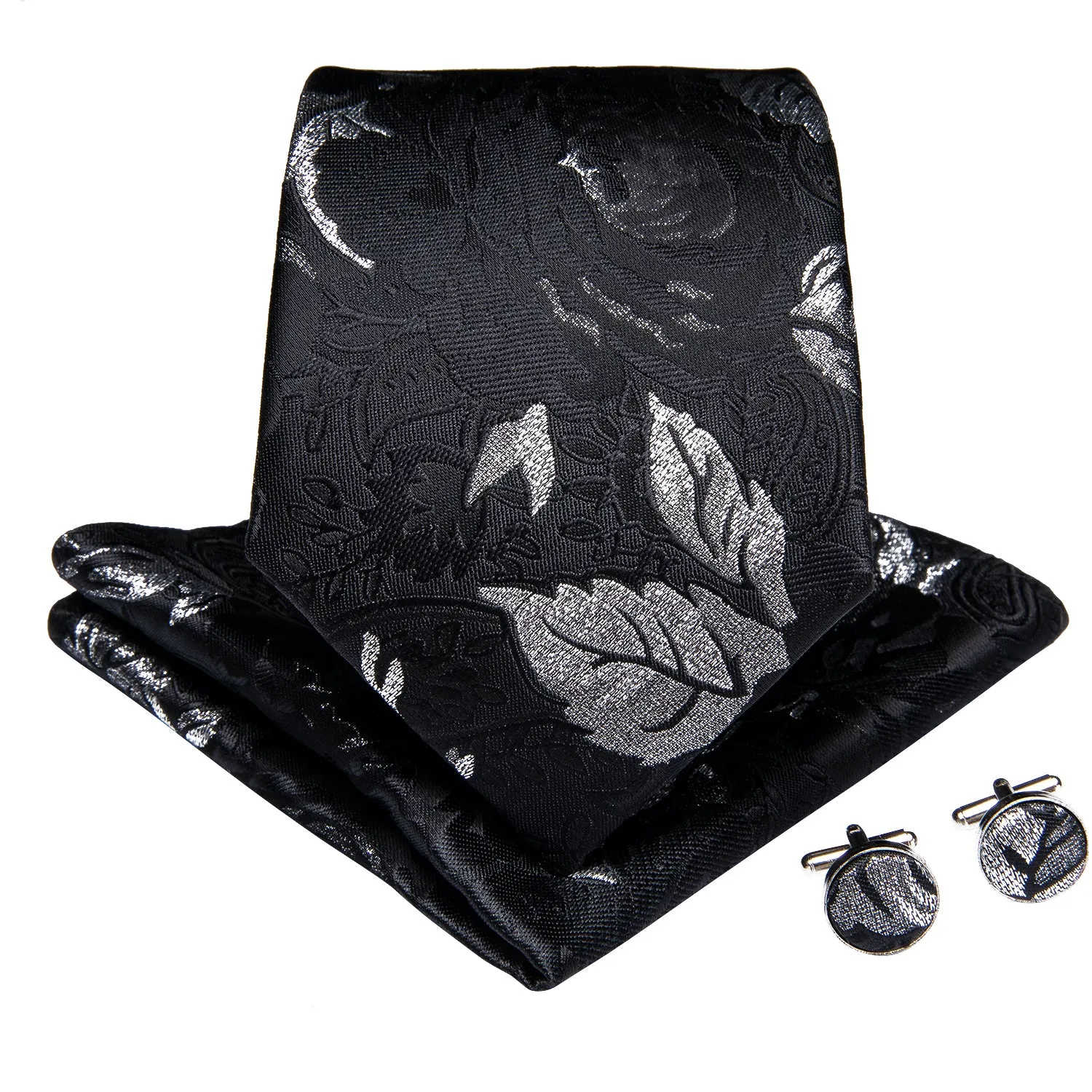Black Silver White Floral Men's Necktie Pocket Square Cufflinks Set 8cm sold by Ties2You product image thumbnail 2