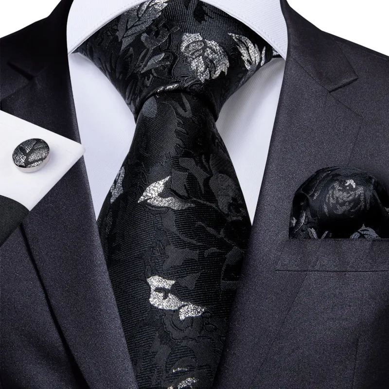Black Silver White Floral Men's Necktie Pocket Square Cufflinks Set 8cm sold by Ties2You