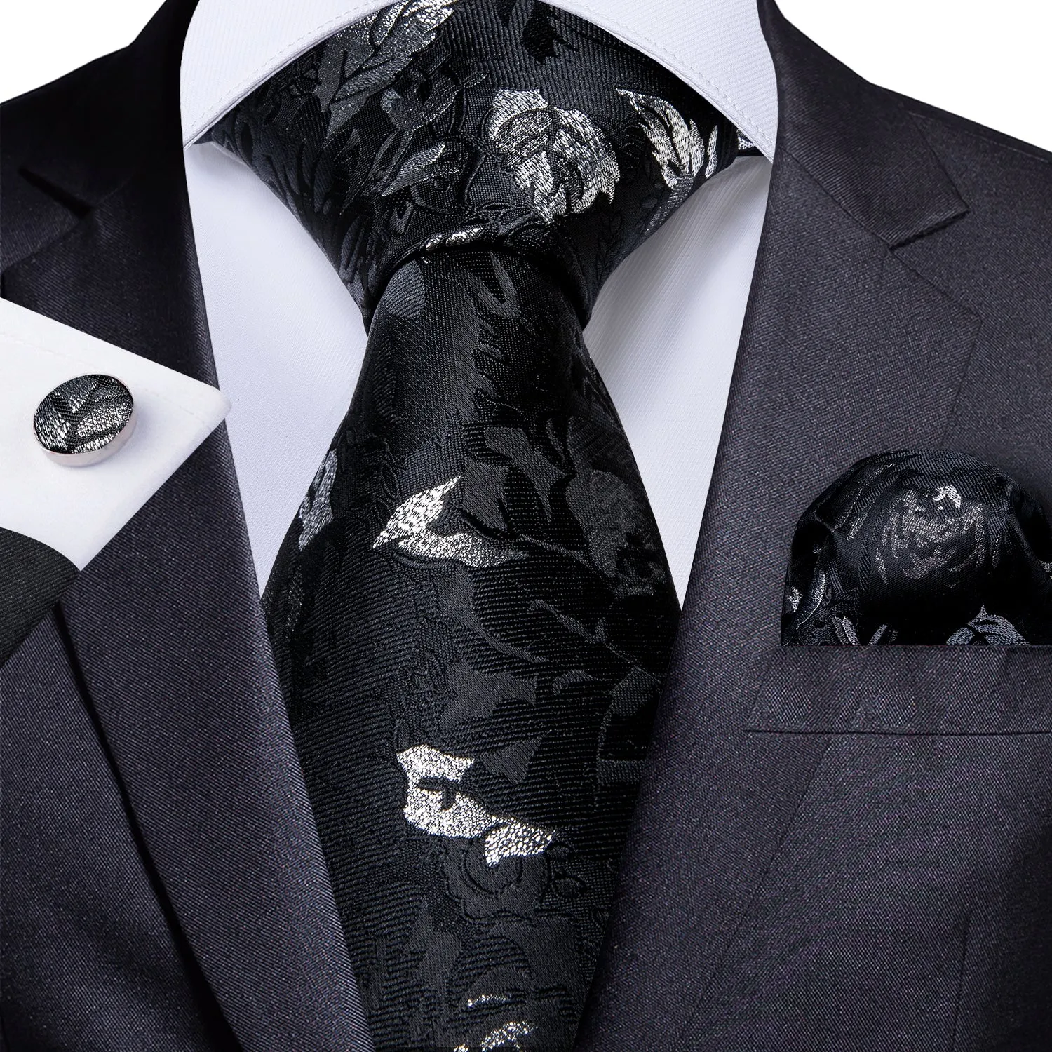 Black Silver White Floral Men's Necktie Pocket Square Cufflinks Set 8cm sold by Ties2You