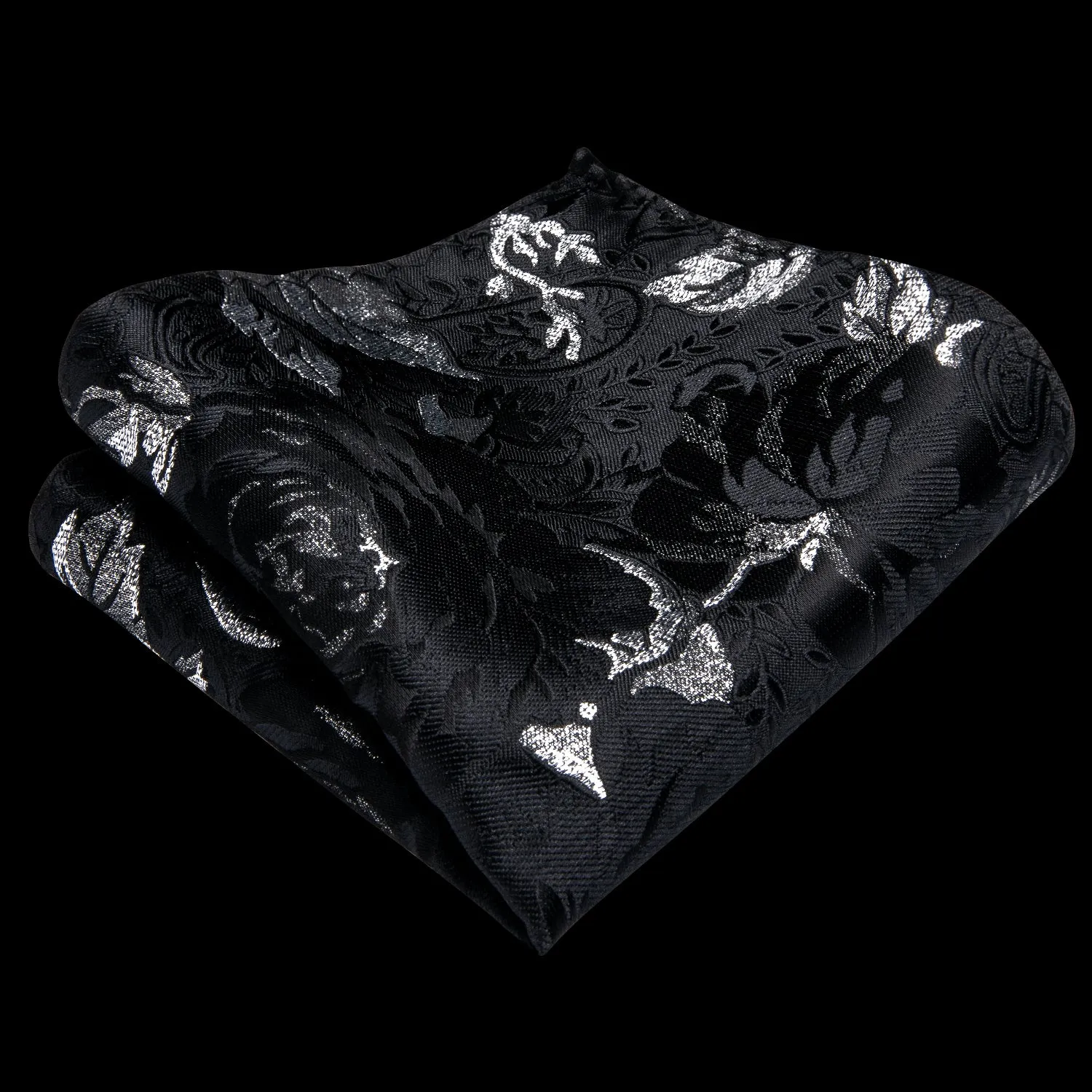 Black Silver White Floral Men's Necktie Pocket Square Cufflinks Set 8cm sold by Ties2You product image thumbnail 5