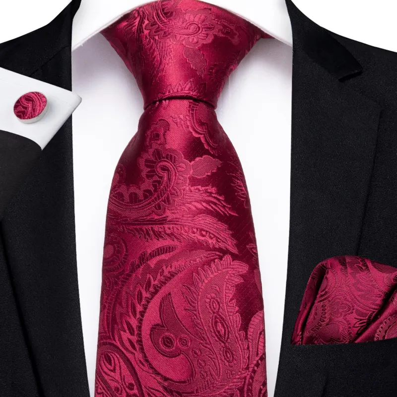 Burgundy Red Paisley Men's Necktie Pocket Square Cufflinks Set 8cm sold by Ties2You