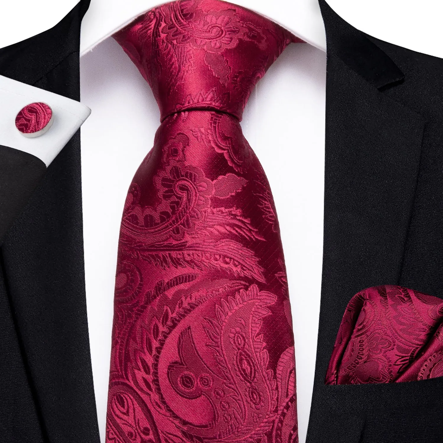 Burgundy Red Paisley Men's Necktie Pocket Square Cufflinks Set 8cm sold by Ties2You
