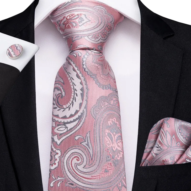 Ties2you Pink Tie Silver Pink Paisley Men's Silk Necktie Pocket Square Cufflinks Set 8cm sold by Ties2You