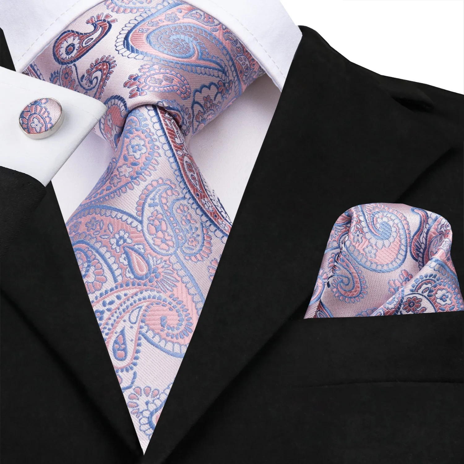 Pink Blue Paisley Men's Necktie Pocket Square Cufflinks Set sold by Ties2You