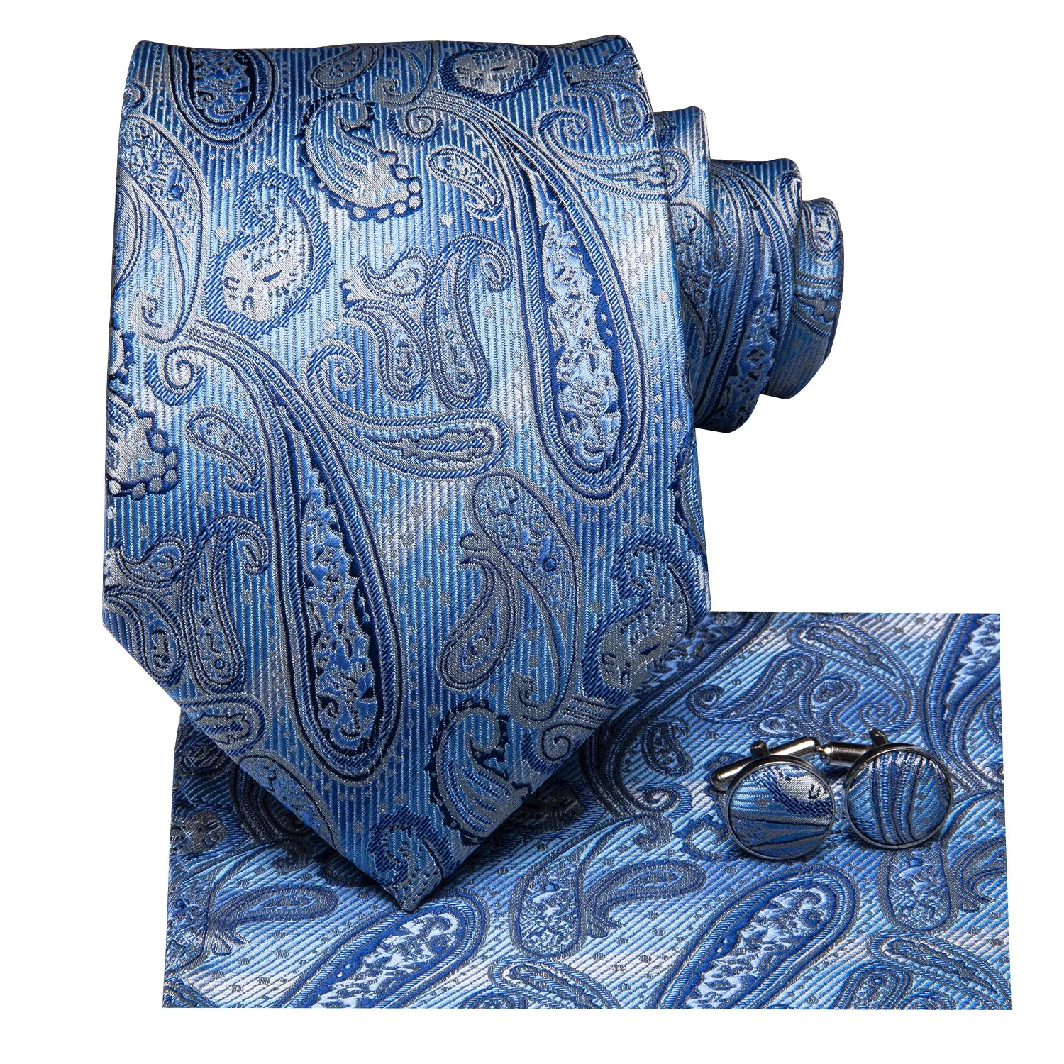 Sky Blue Paisley Men's Necktie Pocket Square Cufflinks Set sold by Ties2You product image thumbnail 3