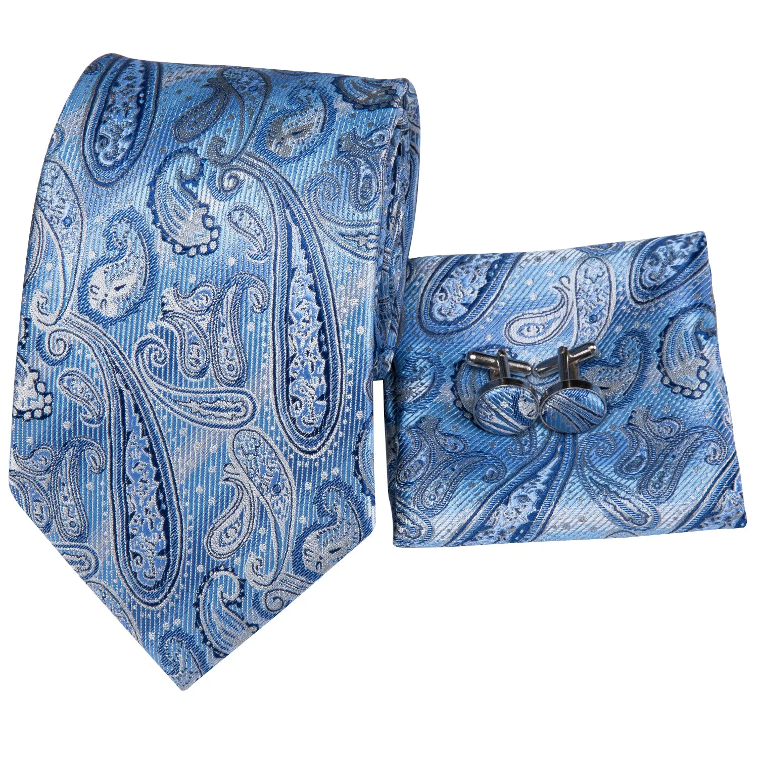 Sky Blue Paisley Men's Necktie Pocket Square Cufflinks Set sold by Ties2You product image thumbnail 4