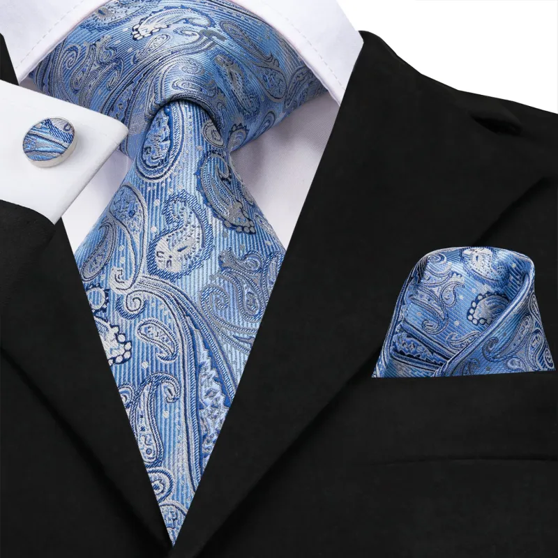 Sky Blue Paisley Men's Necktie Pocket Square Cufflinks Set sold by Ties2You