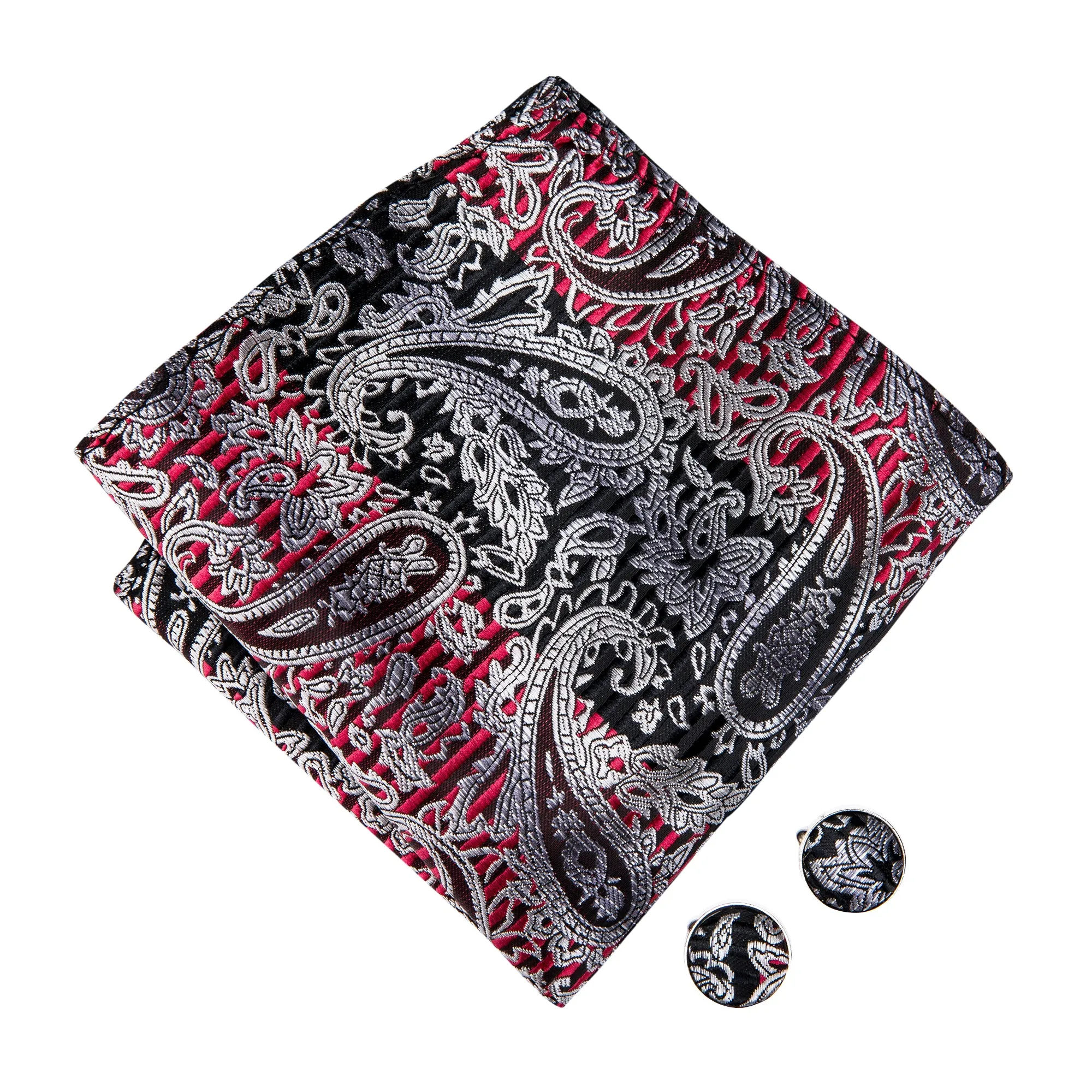 Silver Black Red Paisley Pre-tied Bow Tie Hanky Cufflinks Set sold by Ties2You product image thumbnail 4