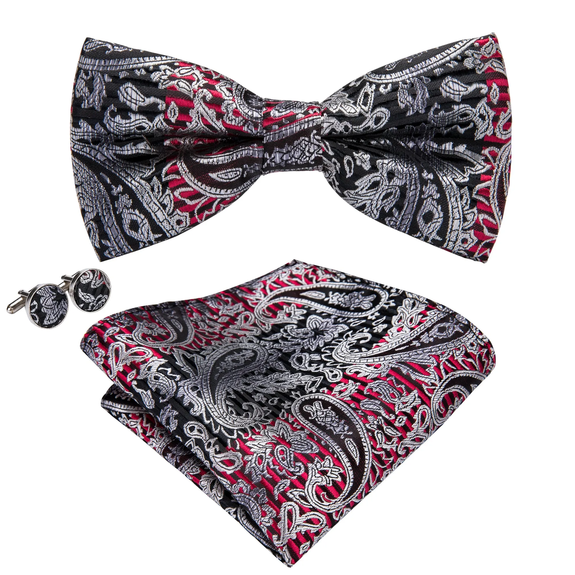 Silver Black Red Paisley Pre-tied Bow Tie Hanky Cufflinks Set sold by Ties2You product image thumbnail 2