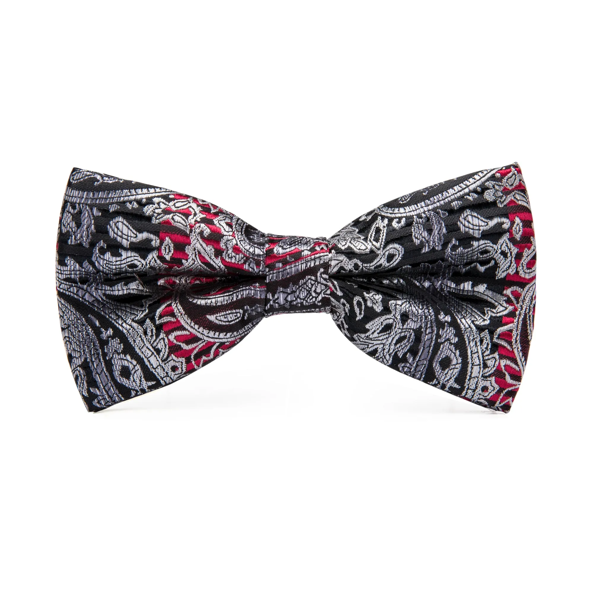 Silver Black Red Paisley Pre-tied Bow Tie Hanky Cufflinks Set sold by Ties2You product image thumbnail 3