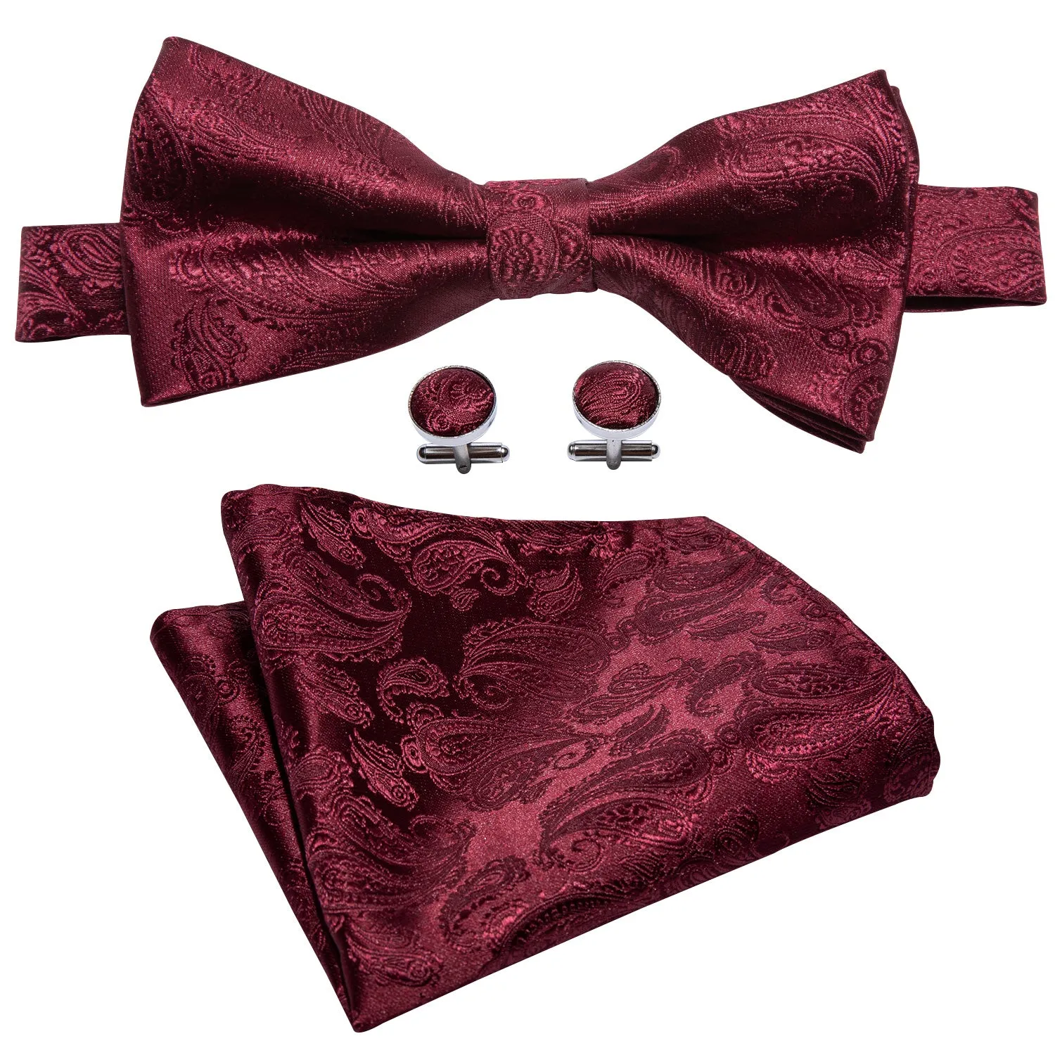 Dark Red Paisley Pre-tied Bow Tie Hanky Cufflinks Set sold by Ties2You product image thumbnail 2