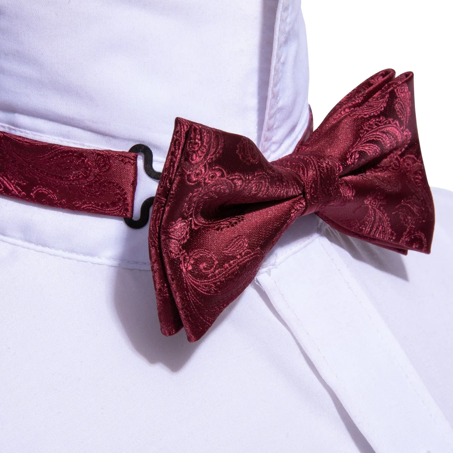 Dark Red Paisley Pre-tied Bow Tie Hanky Cufflinks Set sold by Ties2You product image thumbnail 3