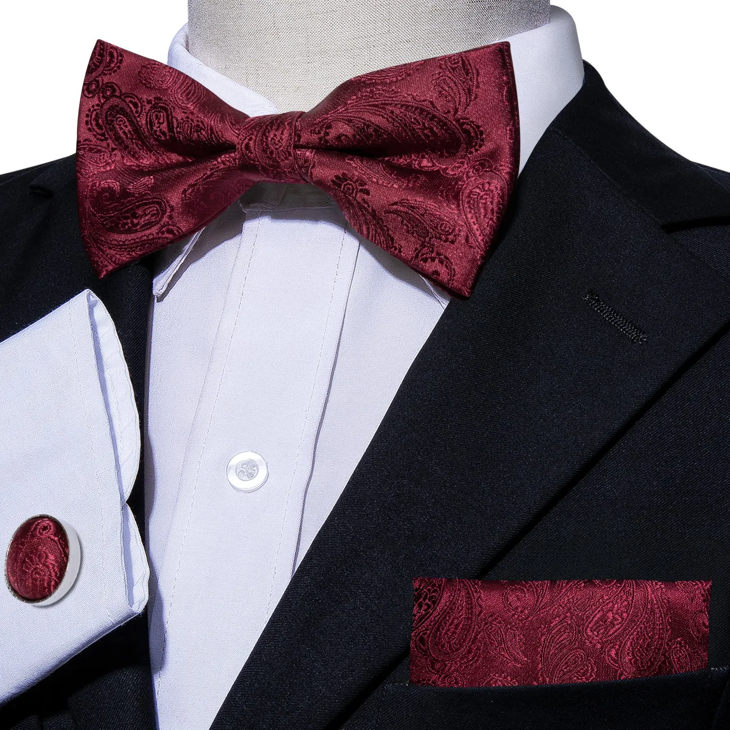 Dark Red Paisley Pre-tied Bow Tie Hanky Cufflinks Set sold by Ties2You