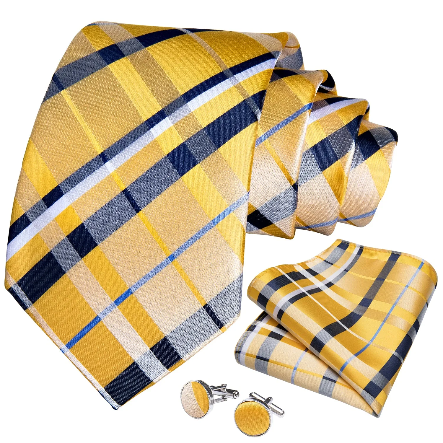 Ties2you Extra Long Tie Yellow Blue Wide Striped Silk Fabric 63 Inches Men's Tie Hanky Cufflinks Set sold by Ties2You product image thumbnail 3