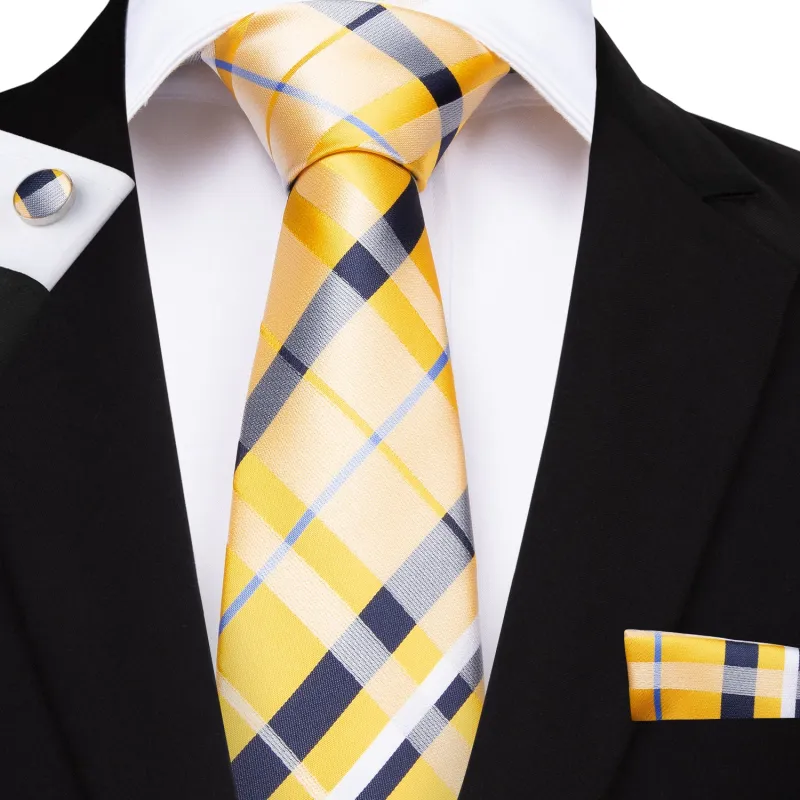 Ties2you Extra Long Tie Yellow Blue Wide Striped Silk Fabric 63 Inches Men's Tie Hanky Cufflinks Set made by Ties2You