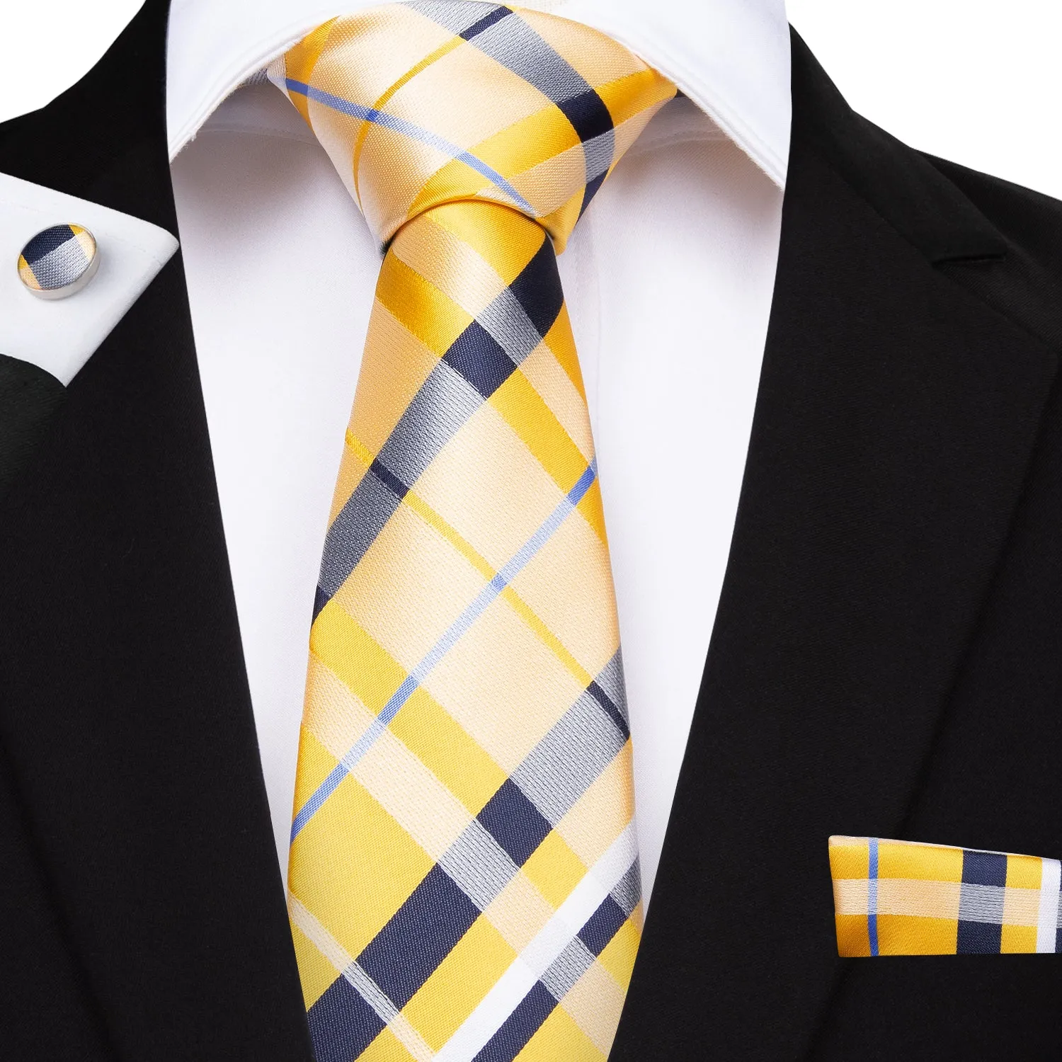 Ties2you Extra Long Tie Yellow Blue Wide Striped Silk Fabric 63 Inches Men's Tie Hanky Cufflinks Set sold by Ties2You