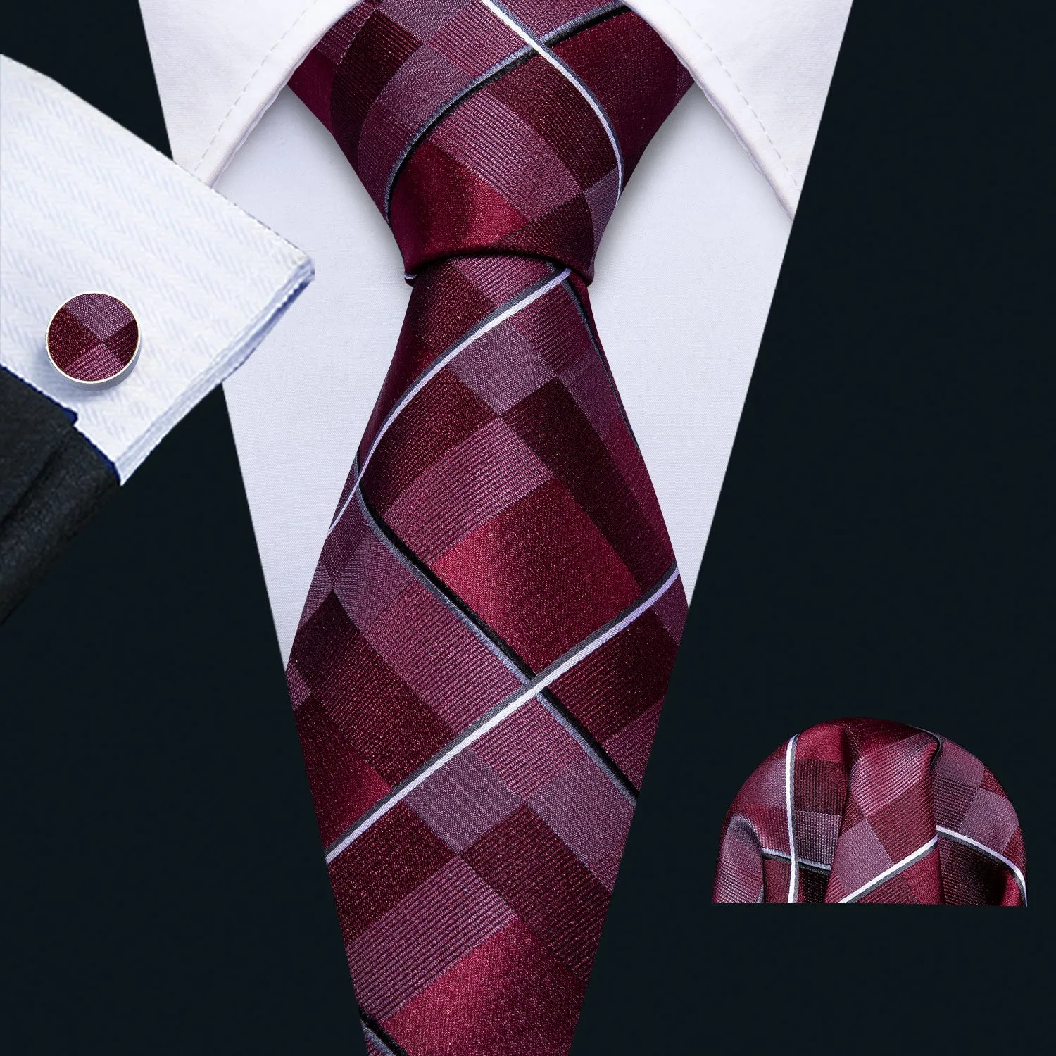 Red Plaid Necktie Pocket Square Cufflinks Set sold by Ties2You