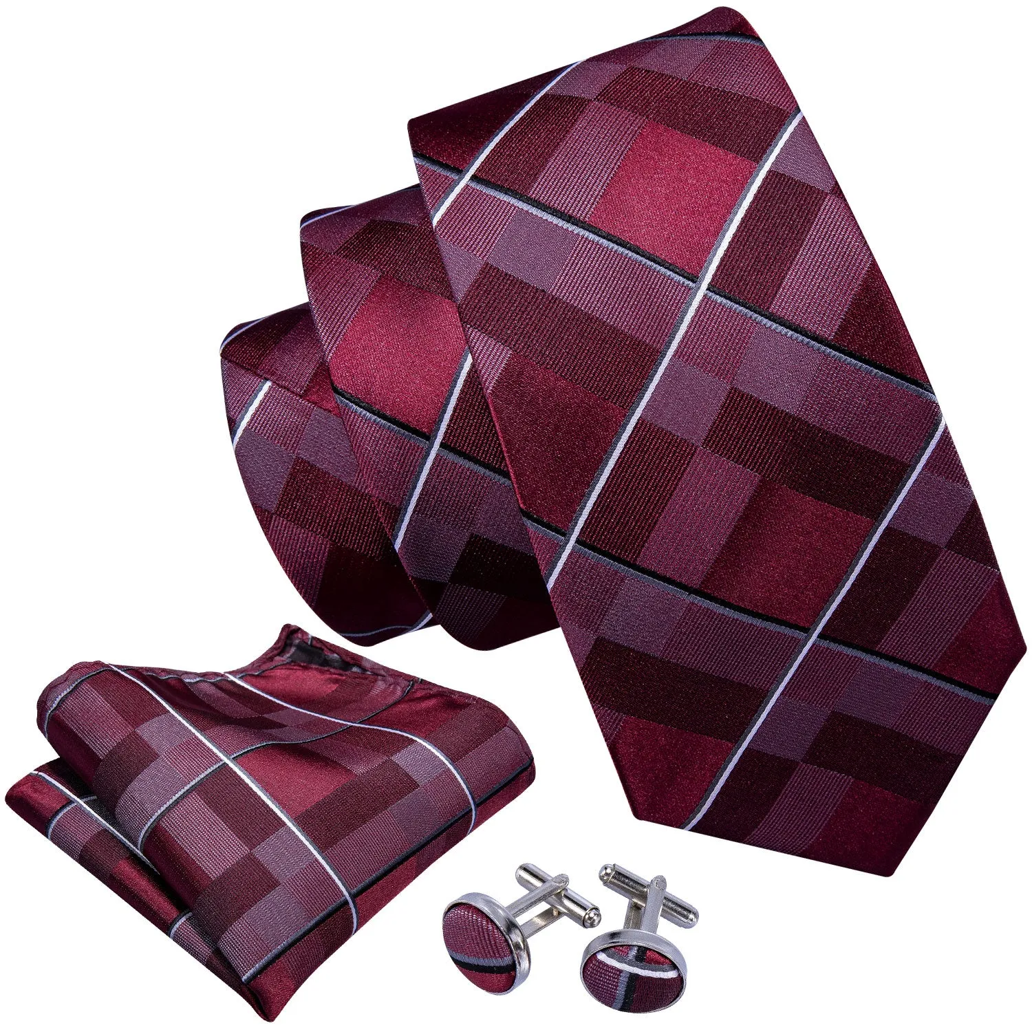 Red Plaid Necktie Pocket Square Cufflinks Set sold by Ties2You product image thumbnail 5