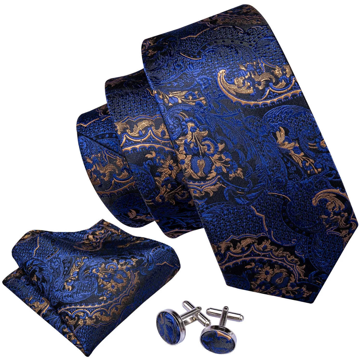 Navy Blue Golden Paisley Necktie Pocket Square Cufflinks Set sold by Ties2You product image thumbnail 3