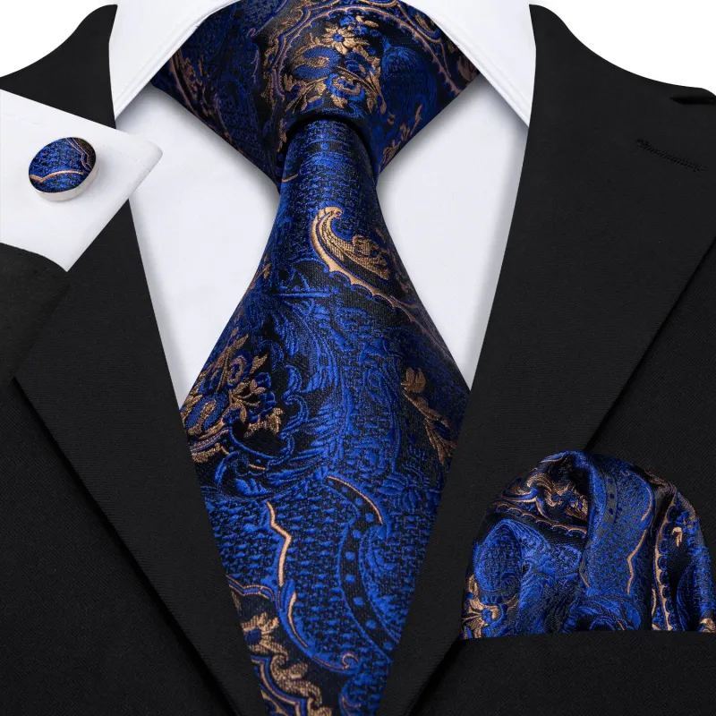 Navy Blue Golden Paisley Necktie Pocket Square Cufflinks Set sold by Ties2You