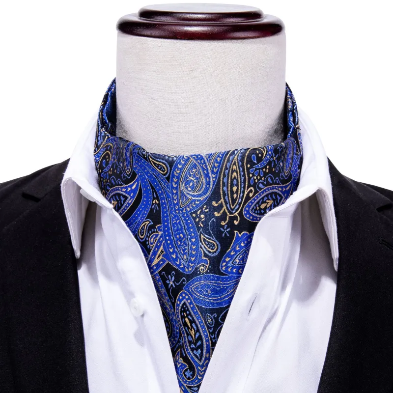 Sky Blue Black Paisley Silk Ascot Cravat Pocket Square Cufflinks Set sold by Ties2You
