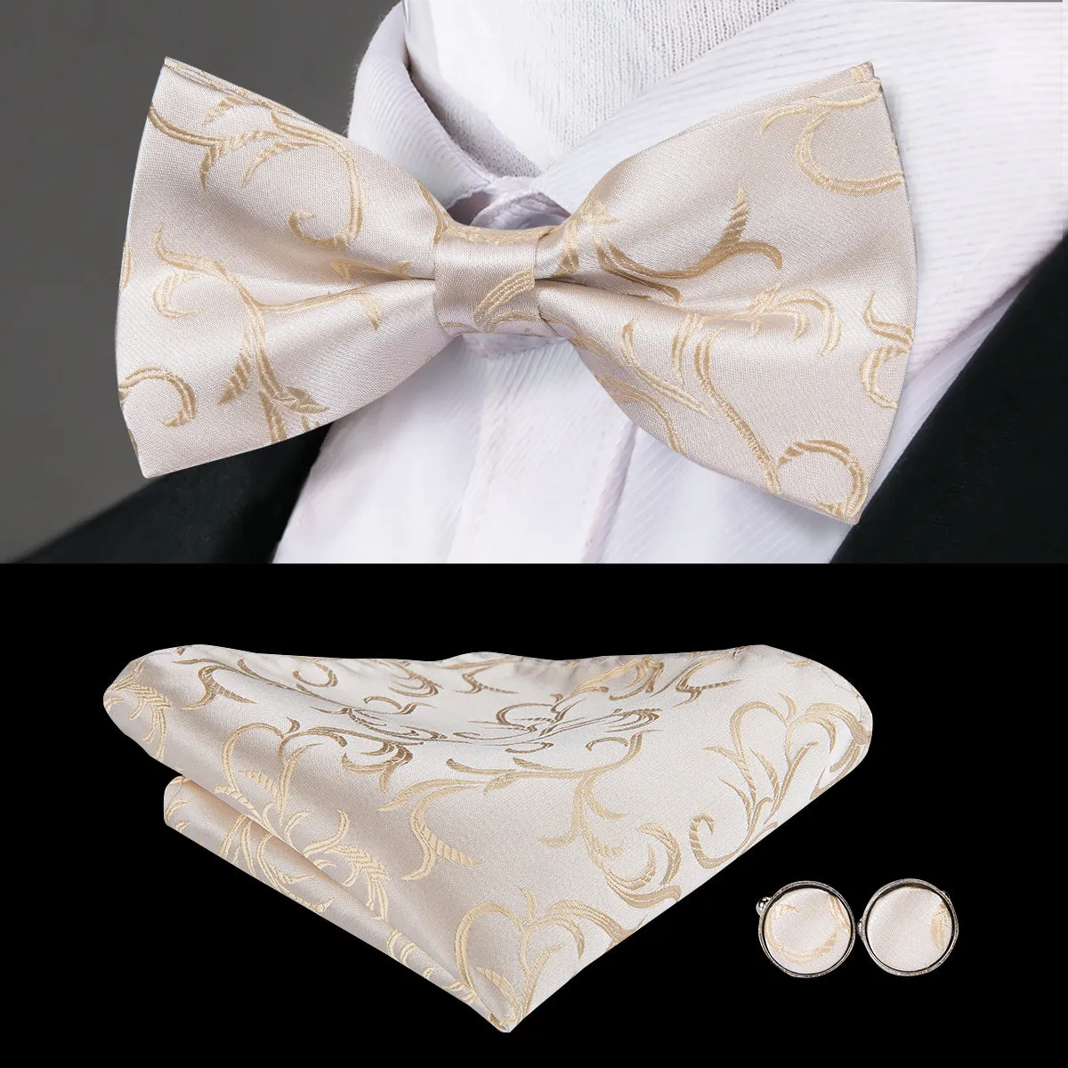 Champagne Beige White Floral Pre-tied Bow Tie Hanky Cufflinks Set sold by Ties2You