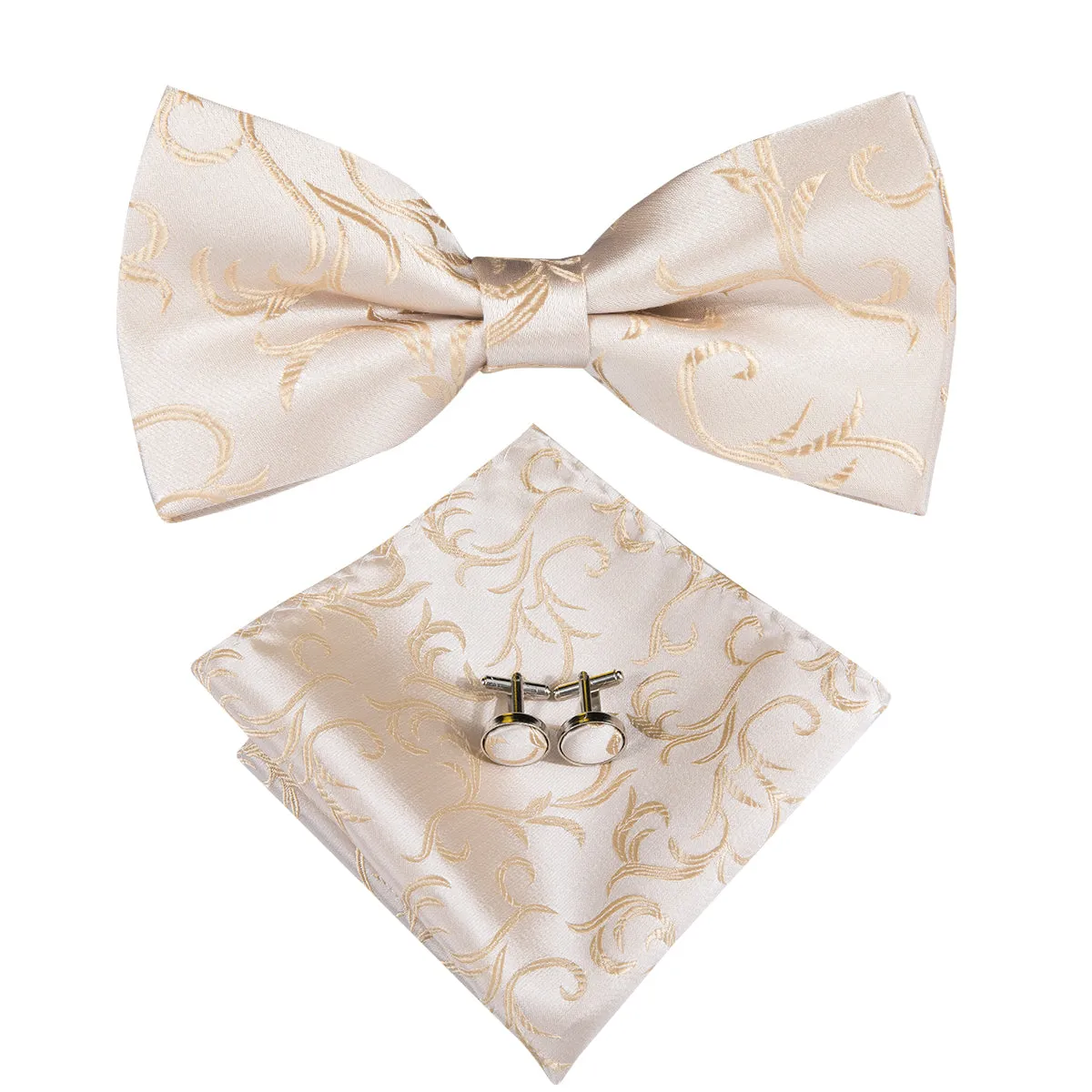 Champagne Beige White Floral Pre-tied Bow Tie Hanky Cufflinks Set sold by Ties2You product image thumbnail 2