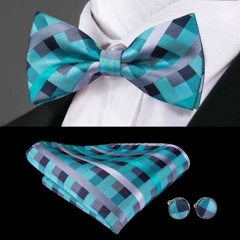 Grey Turquoise Cyan Plaid Pre-tied Bow Tie Hanky Cufflinks Set sold by Ties2You