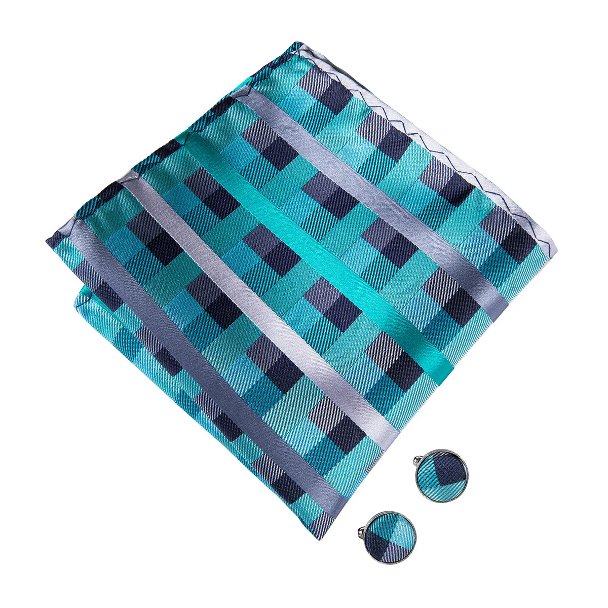 Grey Turquoise Cyan Plaid Pre-tied Bow Tie Hanky Cufflinks Set sold by Ties2You product image thumbnail 4