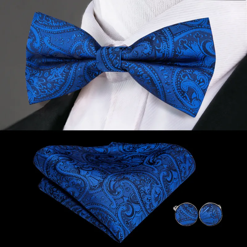 Navy Blue Paisley Pre-tied Bow Tie Hanky Cufflinks Set sold by Ties2You