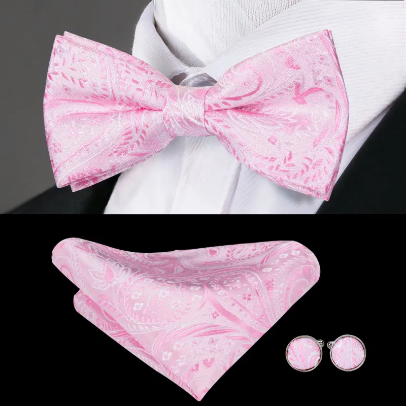 Silver Pink Floral Pre-tied Bow Tie Hanky Cufflinks Set sold by Ties2You