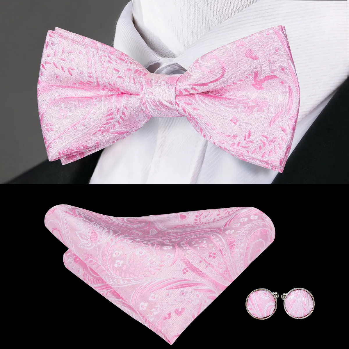 Silver Pink Floral Pre-tied Bow Tie Hanky Cufflinks Set sold by Ties2You