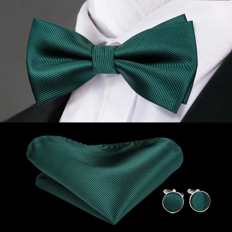 Ties2you Green Tie Solid Striped Pre-Tied Bow Tie Hanky Cufflinks Set sold by Ties2You