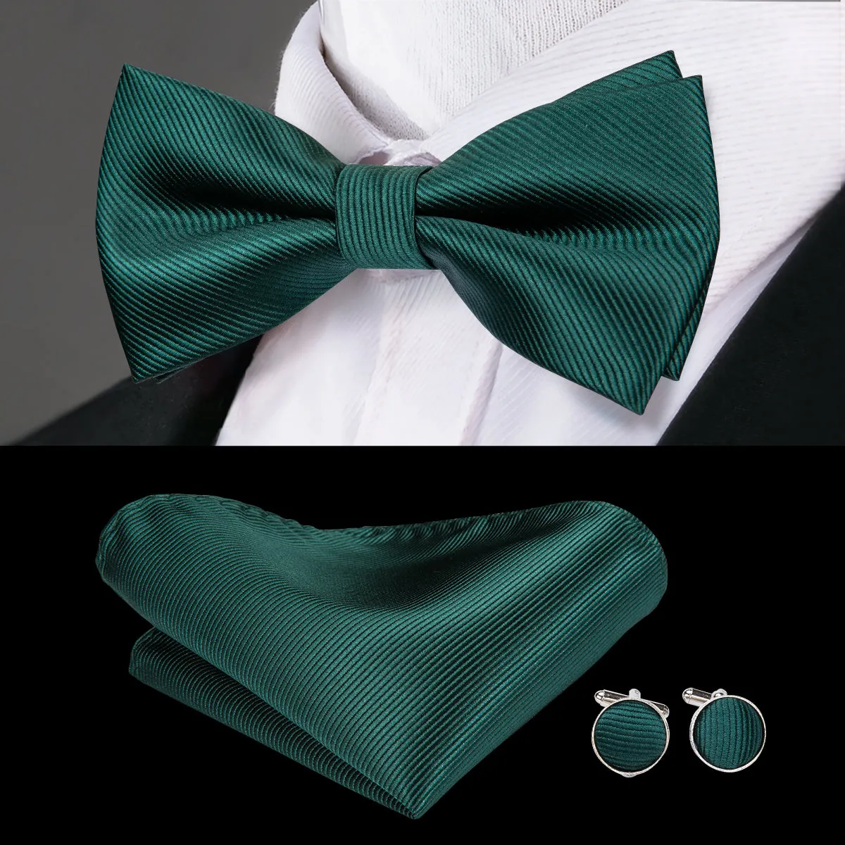 Ties2you Green Tie Solid Striped Pre-Tied Bow Tie Hanky Cufflinks Set sold by Ties2You