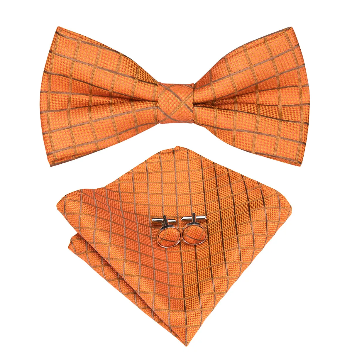 Silver Orange Plaid Pre-tied Bow Tie Hanky Cufflinks Set sold by Ties2You product image thumbnail 2