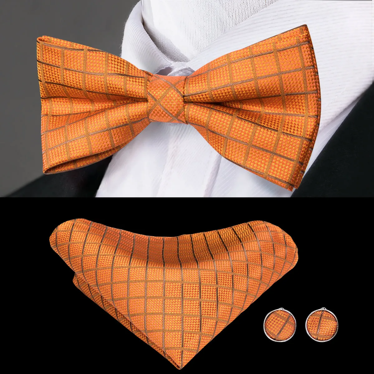 Silver Orange Plaid Pre-tied Bow Tie Hanky Cufflinks Set sold by Ties2You