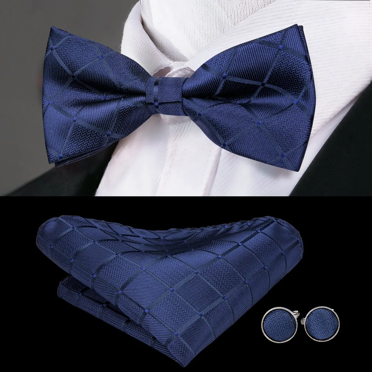 Classic Black Plaid Pre-tied Bow Tie Hanky Cufflinks Set sold by Ties2You