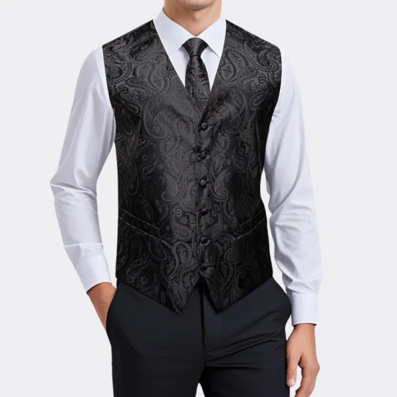 Luxury Black Paisley Jacquard Silk Men's Vest Hanky Cufflinks Tie Set Waistcoat Suit Set sold by Ties2You