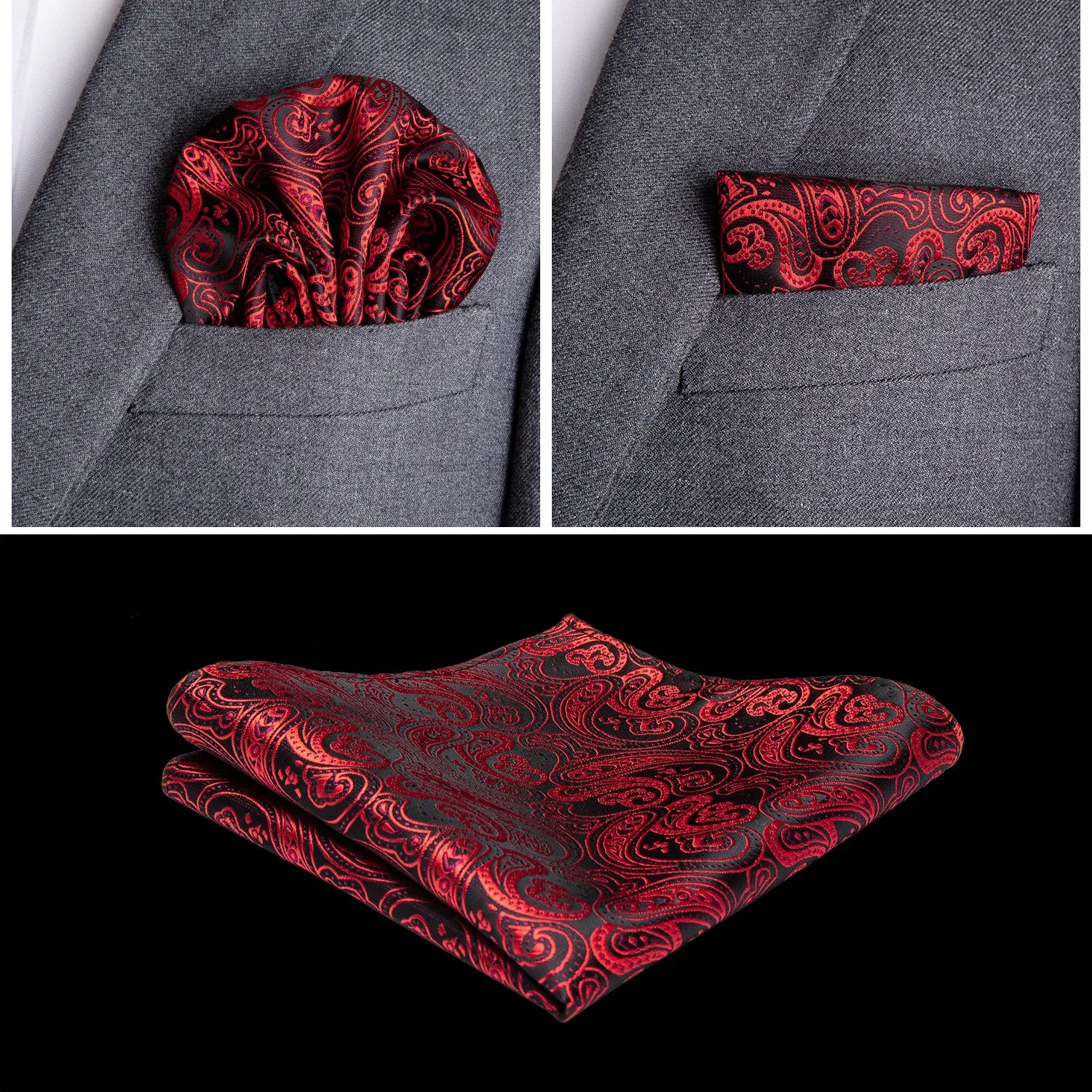 Luxury Black Red Paisley Jacquard Silk Men's Vest Hanky Cufflinks Tie Set Waistcoat Suit Set sold by Ties2You product image thumbnail 5
