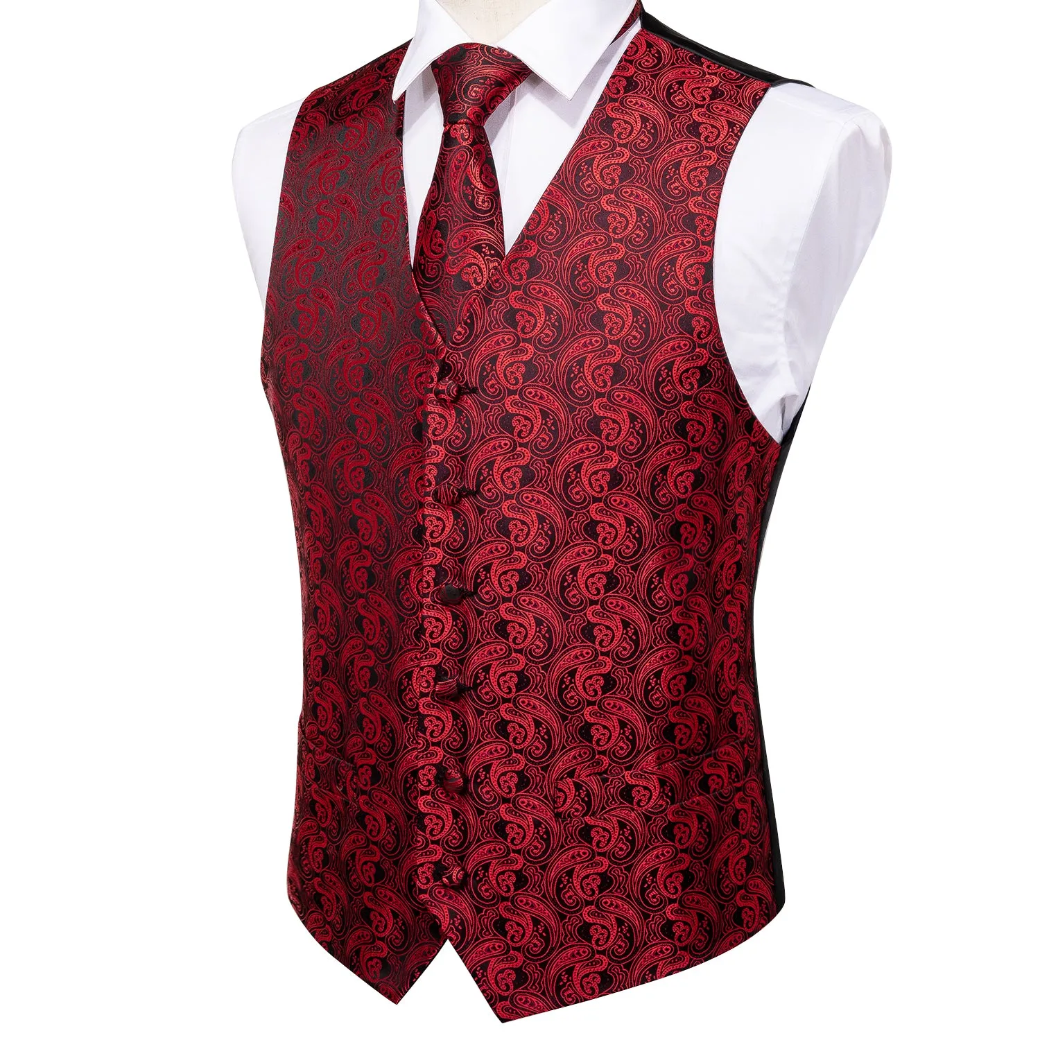Luxury Black Red Paisley Jacquard Silk Men's Vest Hanky Cufflinks Tie Set Waistcoat Suit Set sold by Ties2You product image thumbnail 2