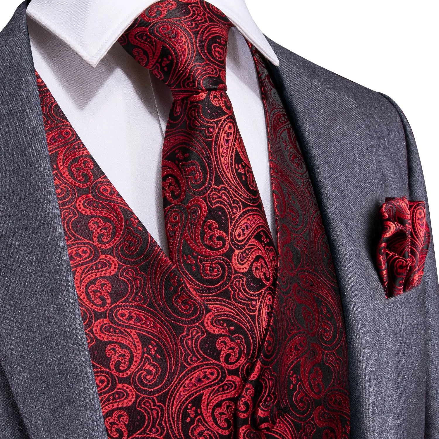 Luxury Black Red Paisley Jacquard Silk Men's Vest Hanky Cufflinks Tie Set Waistcoat Suit Set sold by Ties2You