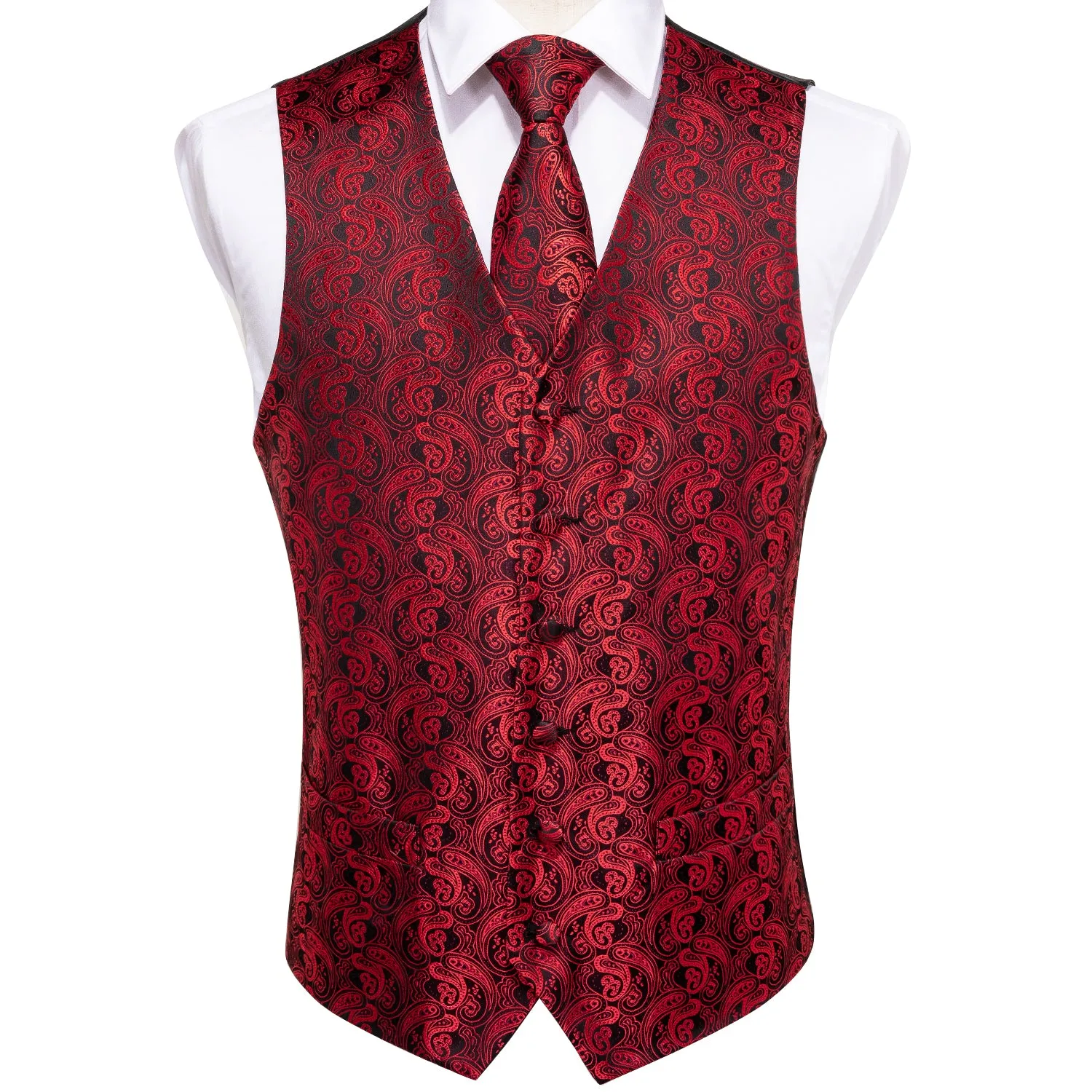 Luxury Black Red Paisley Jacquard Silk Men's Vest Hanky Cufflinks Tie Set Waistcoat Suit Set sold by Ties2You product image thumbnail 3